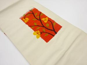 リサイクル　短冊に草花模様織出し紬名古屋帯